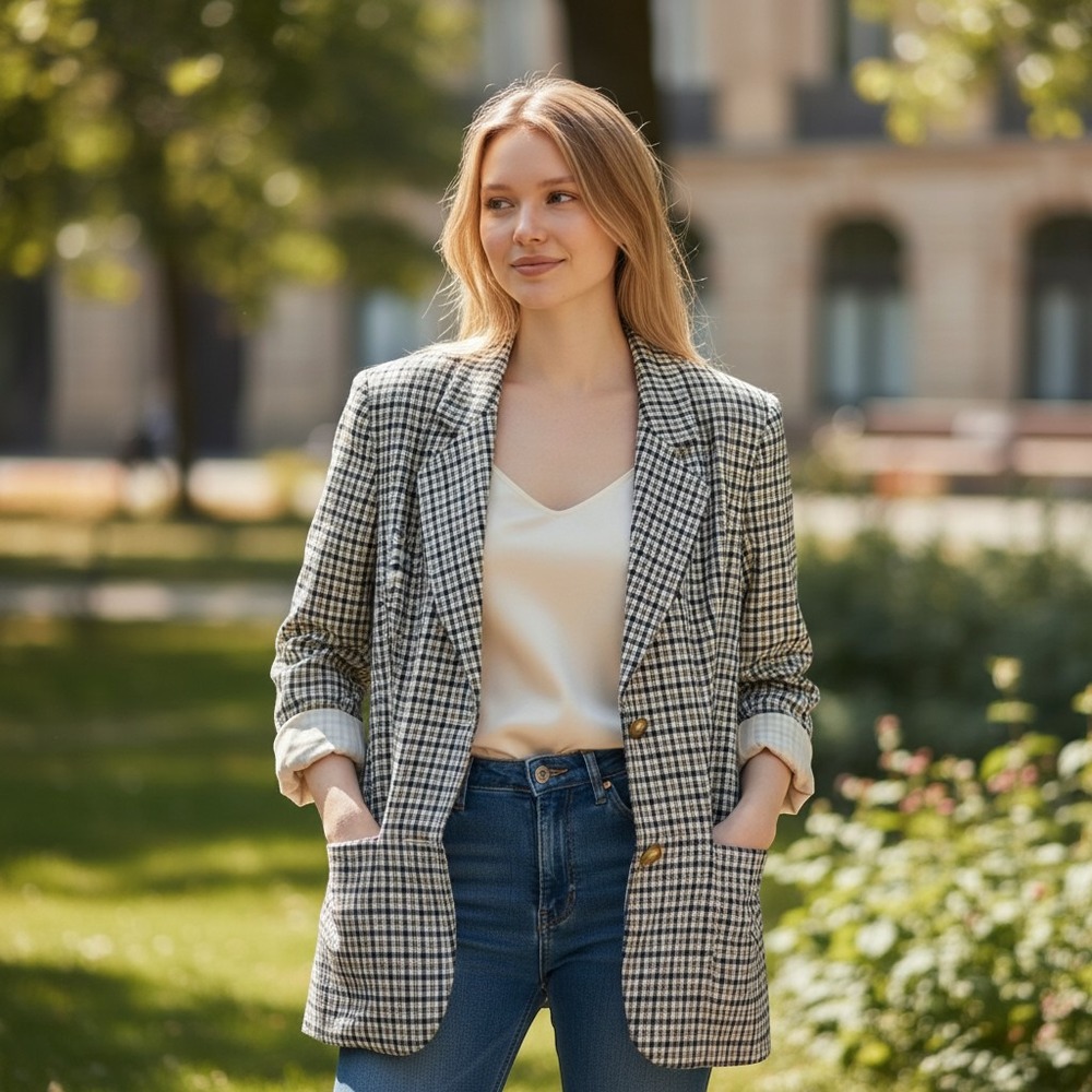 Vintage Jean France Women Plaid Blazer Padded Shoulder Oversized Preppy 80s Fall